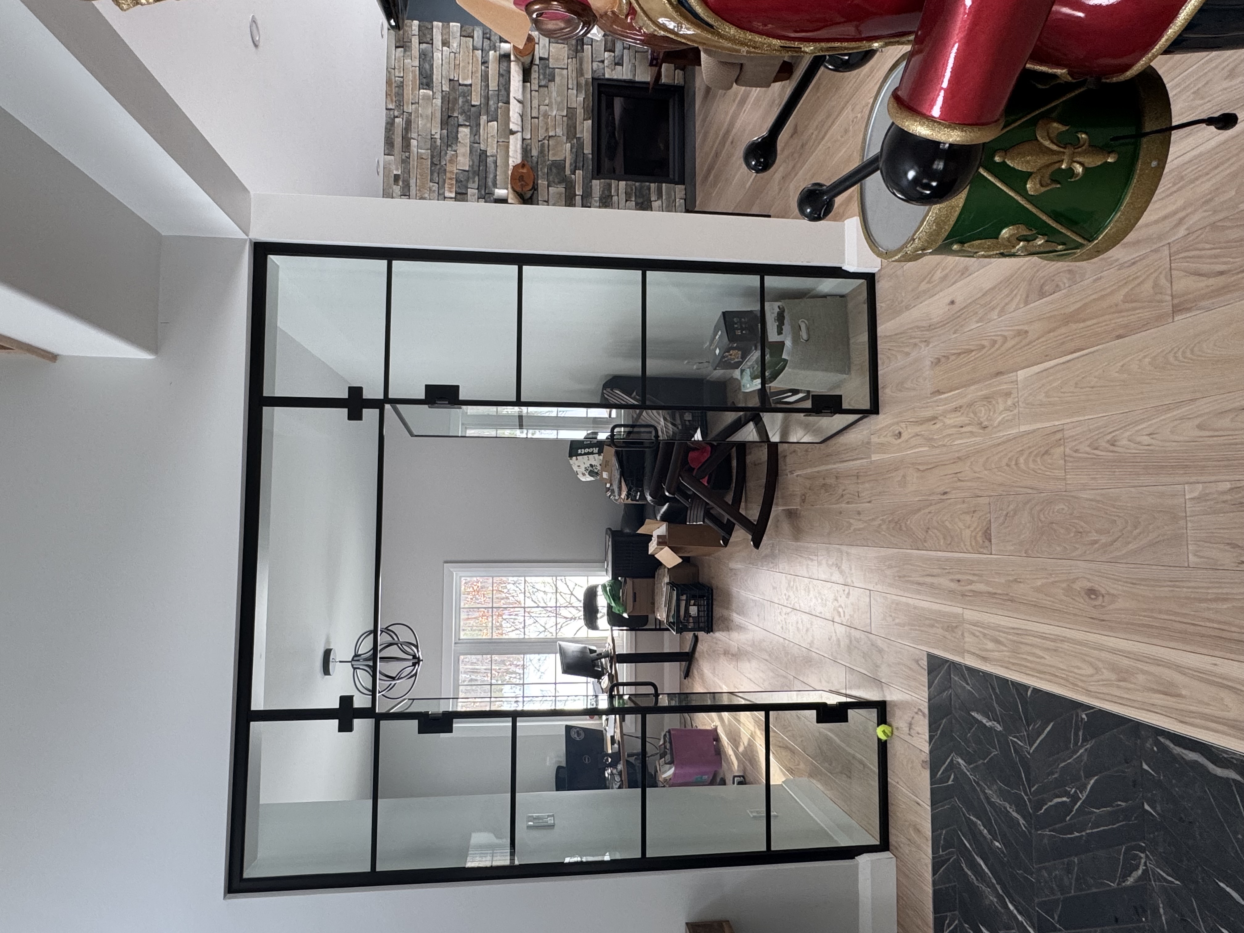 Black framed interior glass doors in a bright room